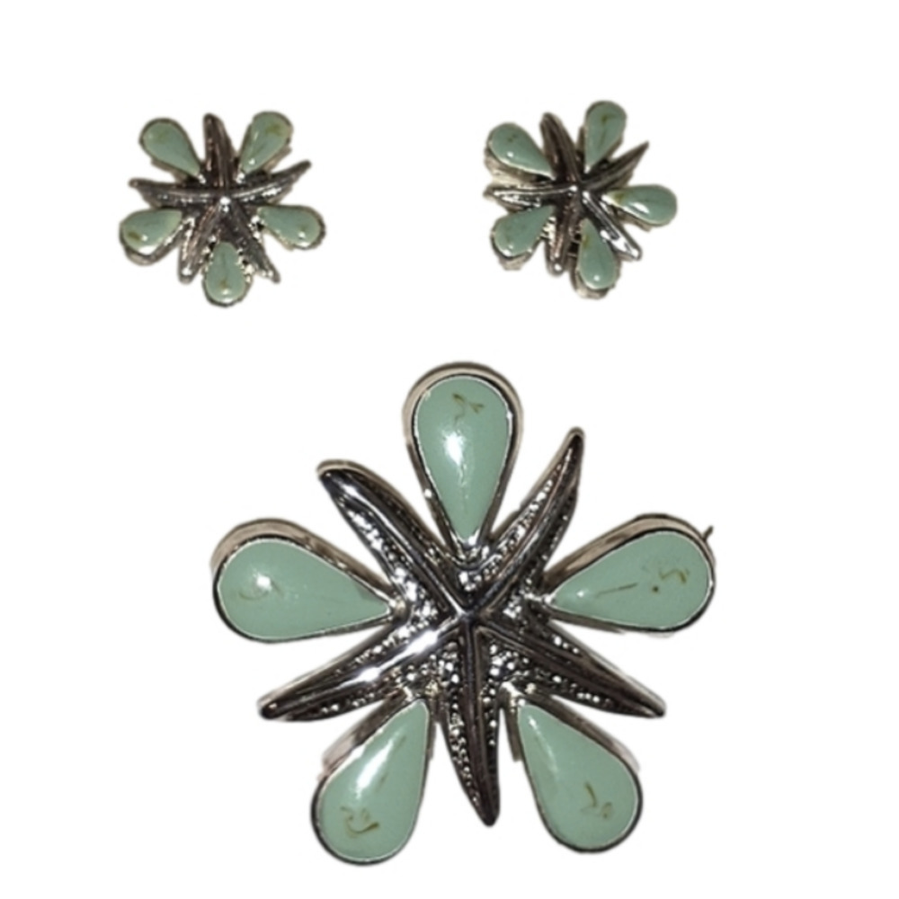 Vtg. AQUA Earrings & Necklace/BROOCH SET
